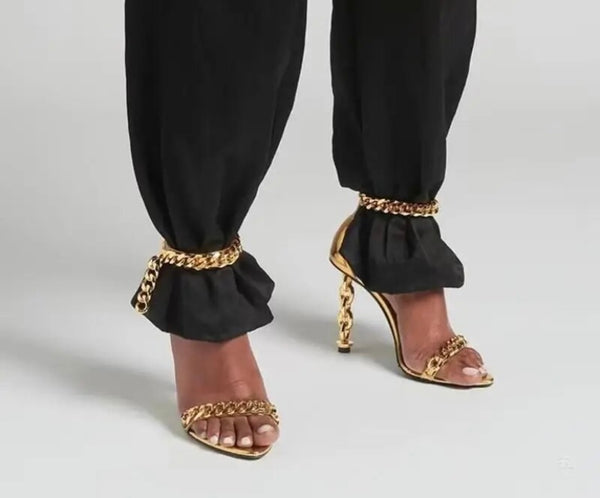 Women Open Toe Gold Heel Fashion Chain Sandals