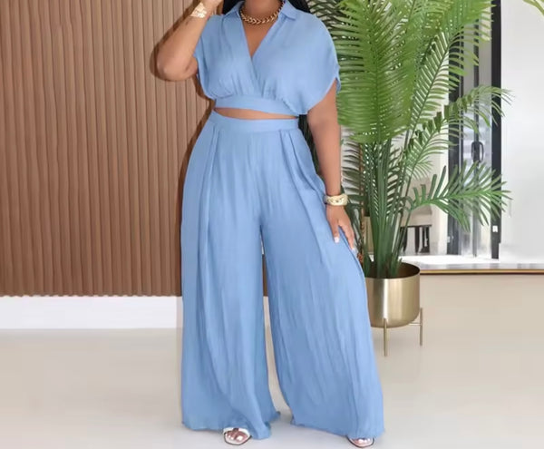 Women Color Short Sleeve Fashion Two Piece Wide Leg Pant Set