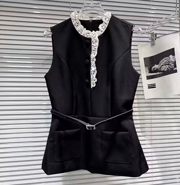 Women Ruffled Button Up Belted Sleeveless Two Piece Skirt Set