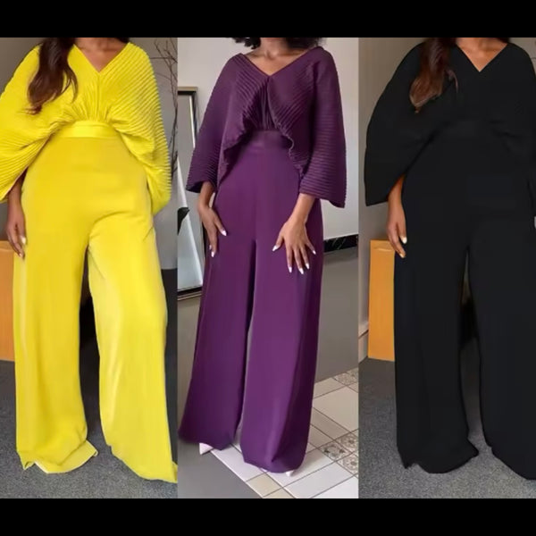 Women Solid Color Pleated Two Piece Fashion Pant Set