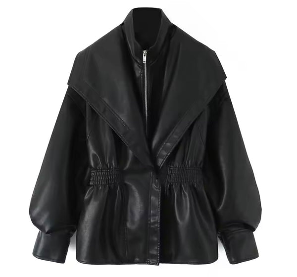 Women Fashion Zip Up Button Faux Leather Jacket