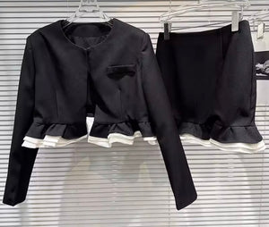 Women B&W Ruffled Full Sleeve Blazer Two Piece Sexy Skirt Set