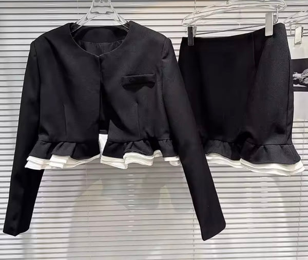 Women B&W Ruffled Full Sleeve Blazer Two Piece Sexy Skirt Set