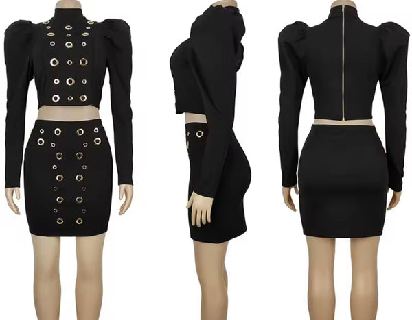 Women Sexy Fashion Color Full Sleeve Metal Ring Two Piece Skirt Set