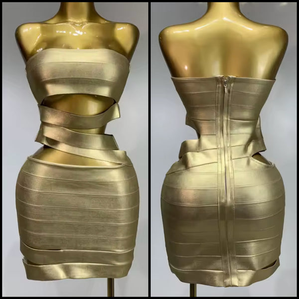 Women Gold Sexy Strapless Faux Leather Cut Out Bandage Dress