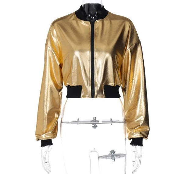 Women Fashion Metallic Color Patchwork PU Crop Jacket