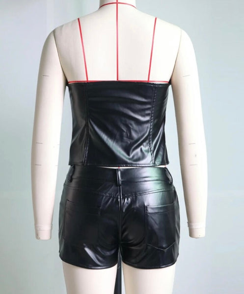 Women Black Sexy Strapless Faux Leather Zipper Two Piece Short Set