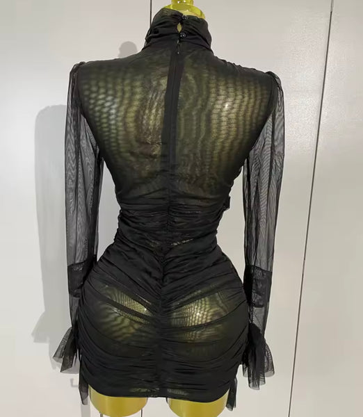 Women White Sexy Ruffled Ruched Mesh Full Sleeve Dress