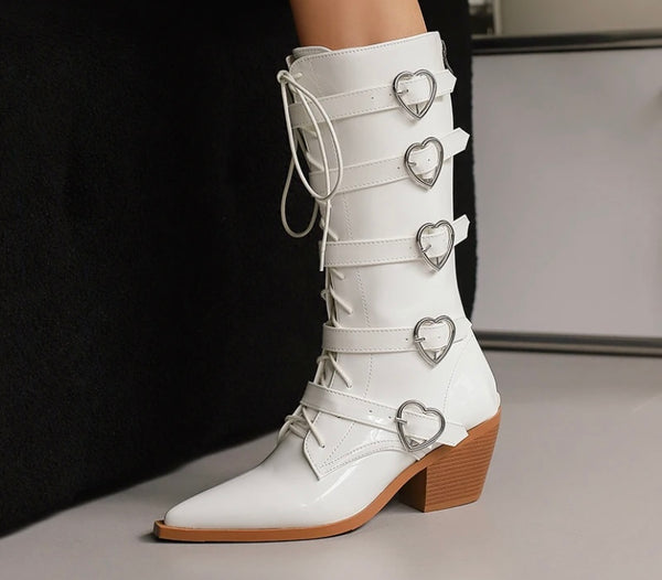 Women Pointed Toe Heart Buckled Lace Up Fashion Boots
