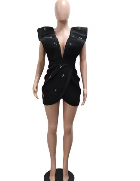 Women Sexy V-Neck Short Sleeve Bling Patchwork Dress
