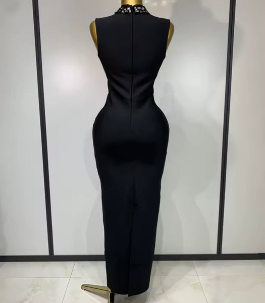 Women Black Sexy Sleeveless Rhinestone Maxi Dress