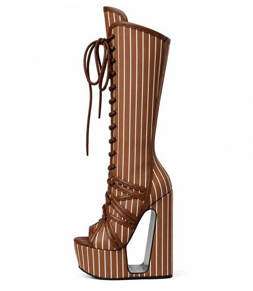 Women Fashion Striped Open Toe Platform Wedge Tie Up Boots