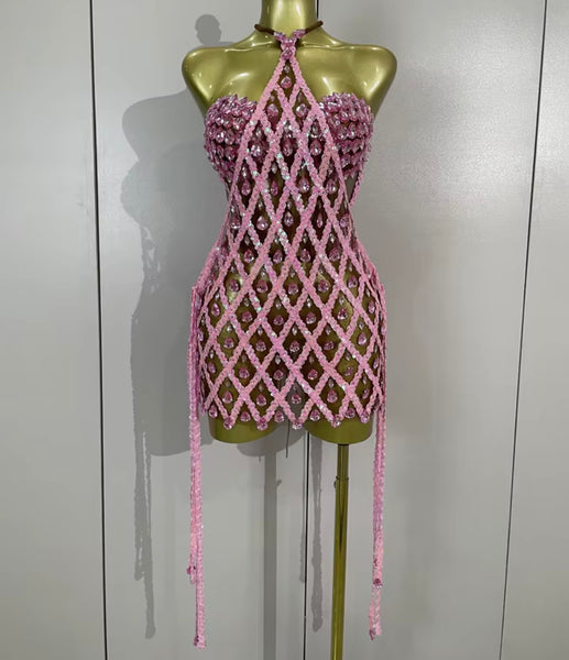 Women Halter Corset Sequins Crystal Tassel Two Piece Dress Set