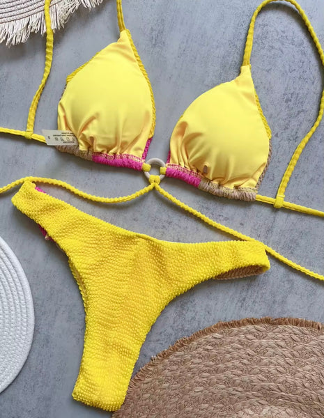 Women Sexy Halter Tie Up Color Patchwork Bikini Swimsuit