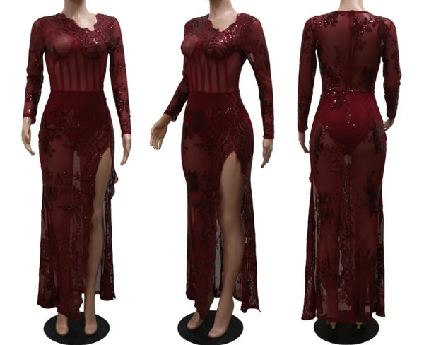 Women Sexy Sequins Print Mesh Full Sleeve High Split Maxi Dress
