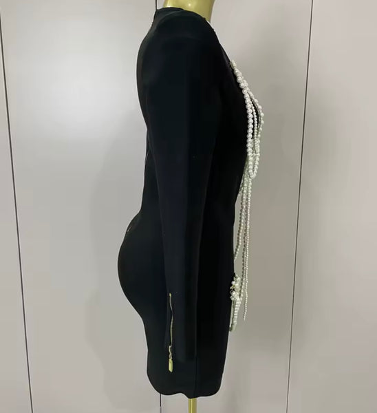 Women Black Sexy Beaded Pearl Full Sleeve Dress
