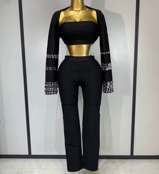 Women Black Crystal Patchwork Three Piece Pant Set