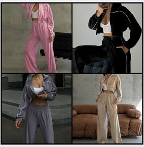 Women Fashion Velour Striped Full Sleeve Tracksuit Two Piece Pant Set