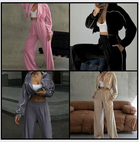 Women Fashion Velour Striped Full Sleeve Tracksuit Two Piece Pant Set