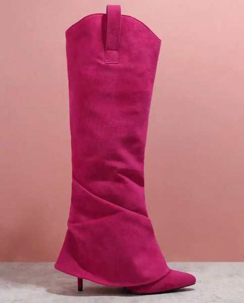 Women Pink Suede Fashion Knee High Western High Heel Boots