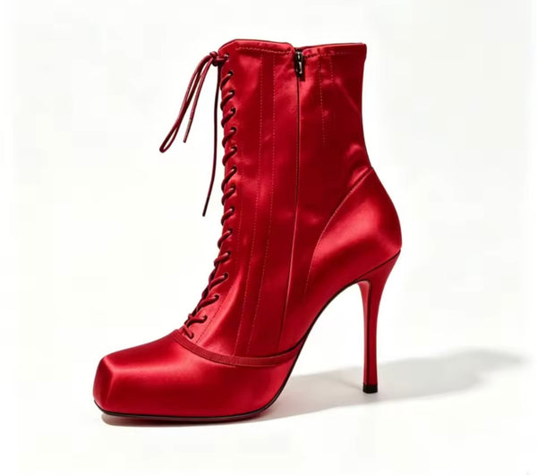 Women Fashion Satin Square Toe Lace Up Ballerina Ankle Boots