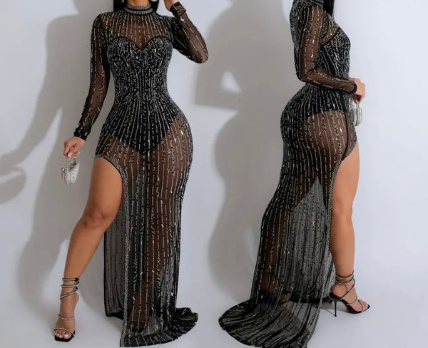 Women Sexy Black Bling Full Sleeve Mesh Maxi Dress