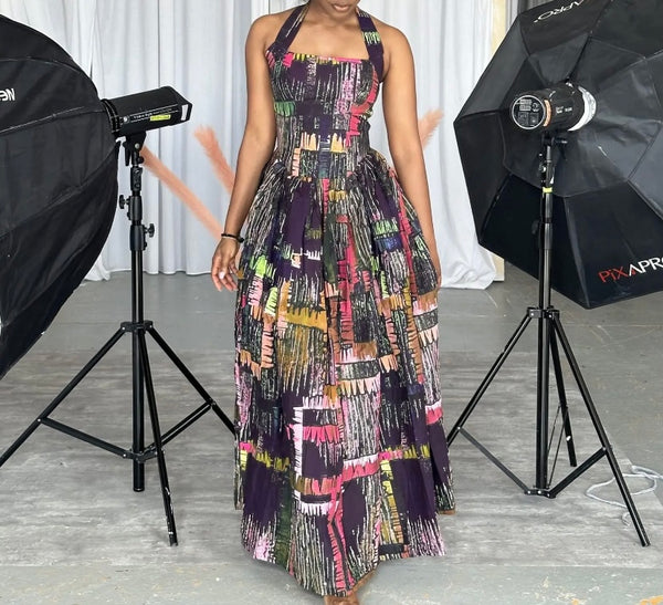 Women Sexy Multicolored Print Halter Sleeveless Maxi Dress