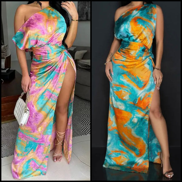 Women Sexy One Shoulder Sleeveless Multicolored Maxi Dress