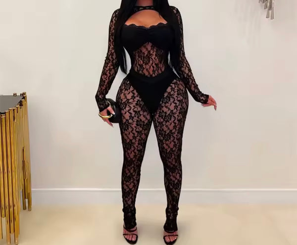 Women Sexy Cut Out Full Sleeve Lace Jumpsuit