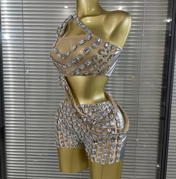 Women One Shoulder Sleeveless Rhinestone PU Mesh Two Piece Short Set