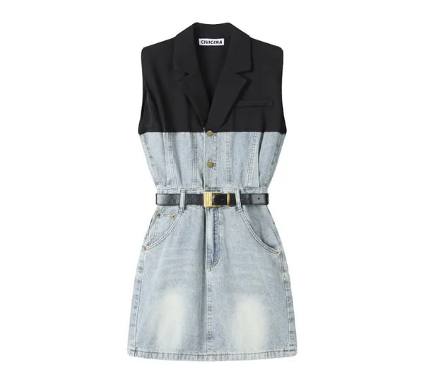 Women Button Up Sleeveless Color Patchwork Belted Denim Dress
