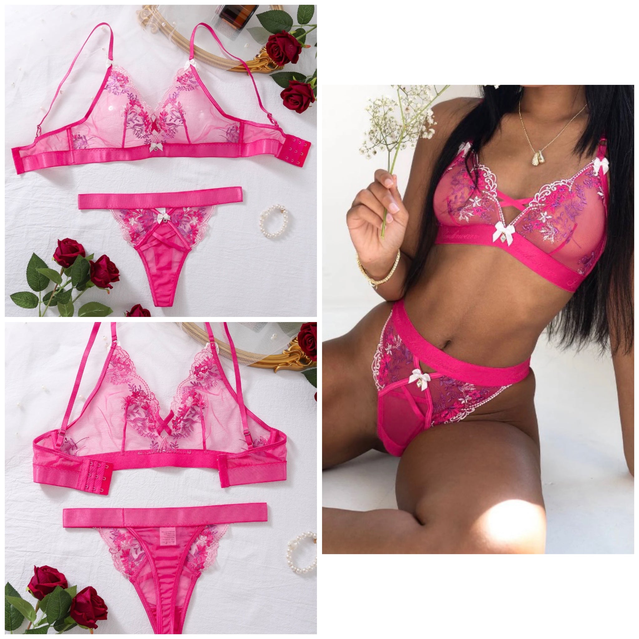 Women Pink Floral Print Mesh Sexy Lingerie Set