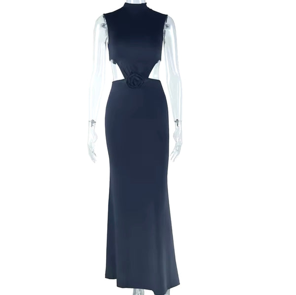 Women Sexy Sleeveless Cut Out 3D Rose Maxi Dress