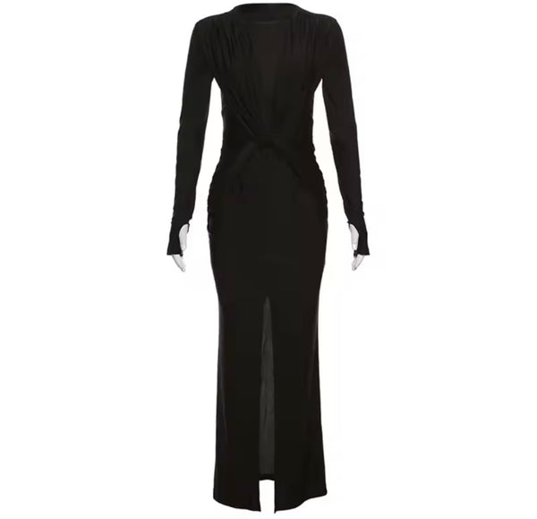 Women Sexy Solid Color Ruched Full Sleeve Maxi Dress