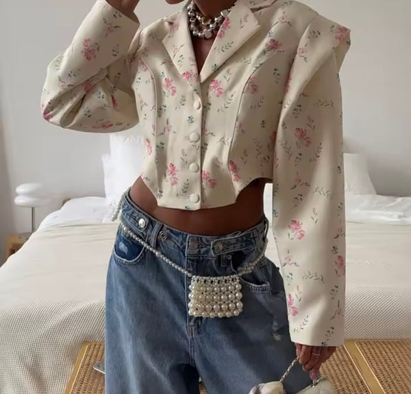 Women Fashion Floral Button Up Full Sleeve Blazer Top