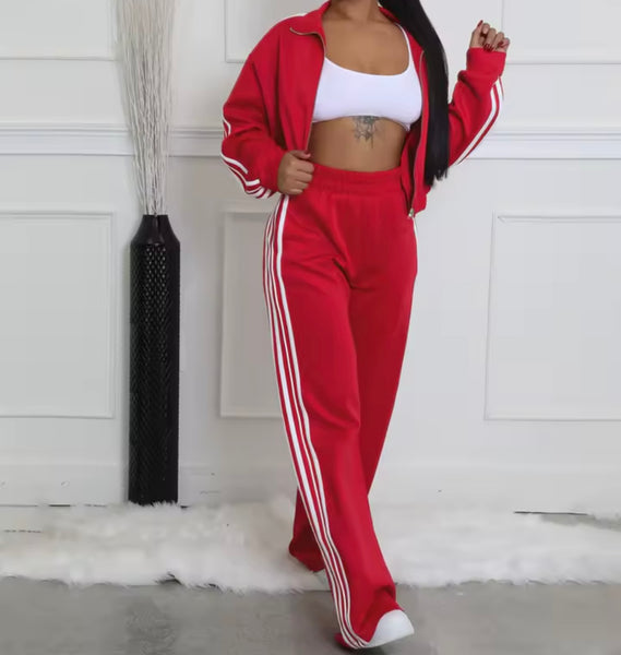 Women Striped Zip Up Fashion Two Piece Tracksuit Pant Set