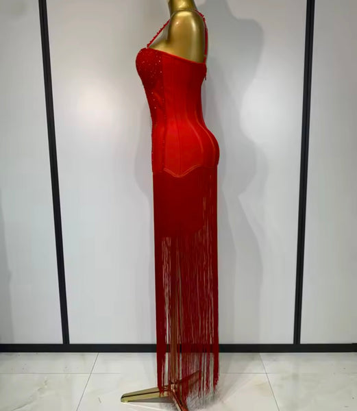 Women Rhinestone Sleeveless Fringe Tassel Sexy Maxi Dress
