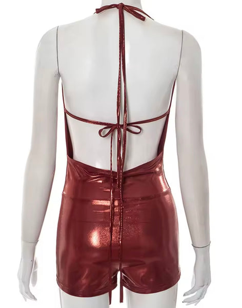 Women Sexy Halter Sleeveless PU Jumpsuit