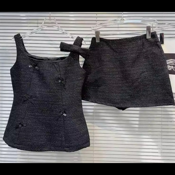 Women Black Bow Sleeveless Tweed Two Piece Skirt Set
