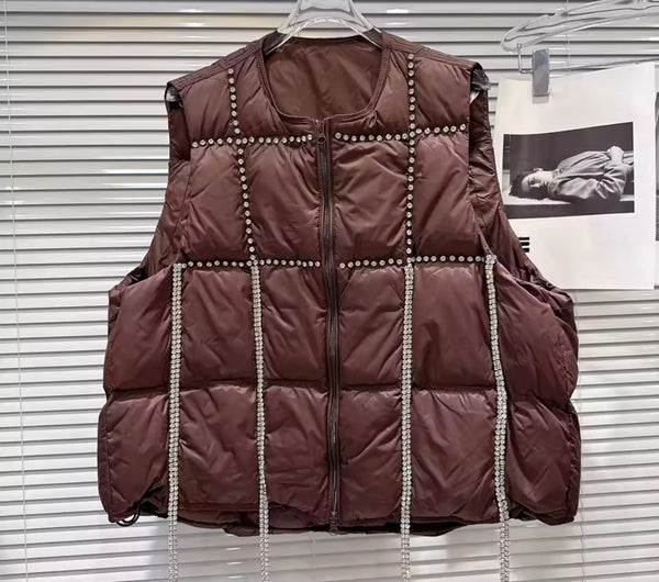 Women Color Rhinestone Tassel Fashion Puff Vest Jacket