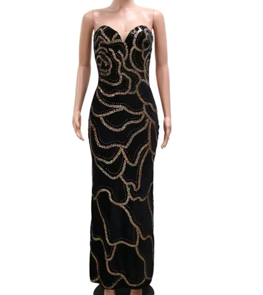 Women Sexy Strapless Sequins Maxi Dress