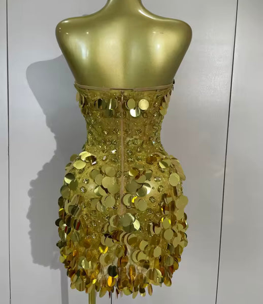 Women Sexy Strapless Sequins Rhinestone Mesh Dress
