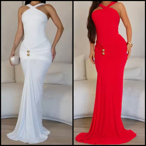 Women Sleeveless Solid Color Ruched Sexy Maxi Dress