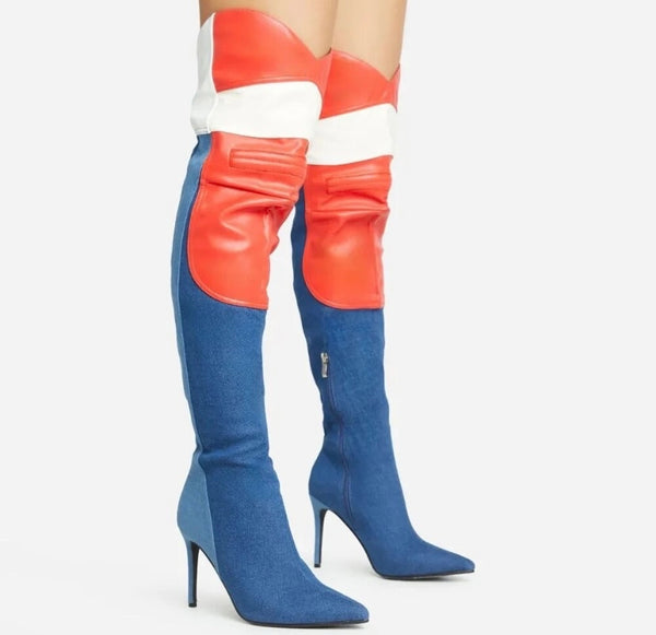 Women Pointed Toe Color Patchwork Over The Knee High Heel Boots