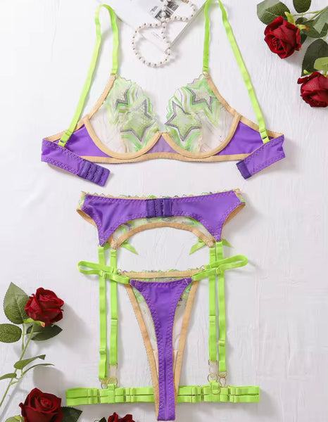 Women Sexy Color Patchwork Star Mesh Lingerie Set