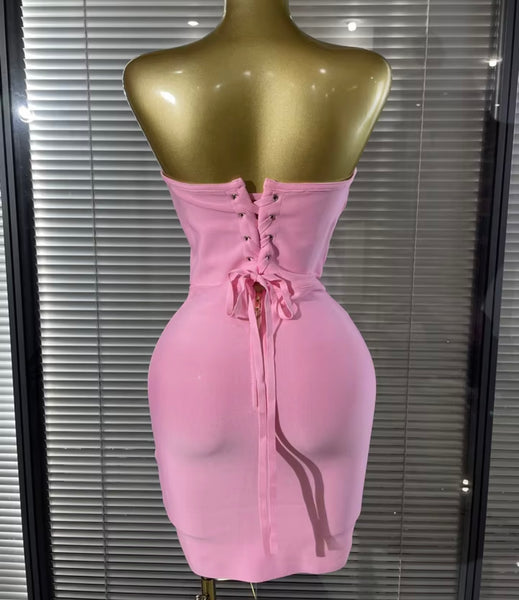 Women Pink Sexy Sleeveless Tie Up Corset Bandage Dress