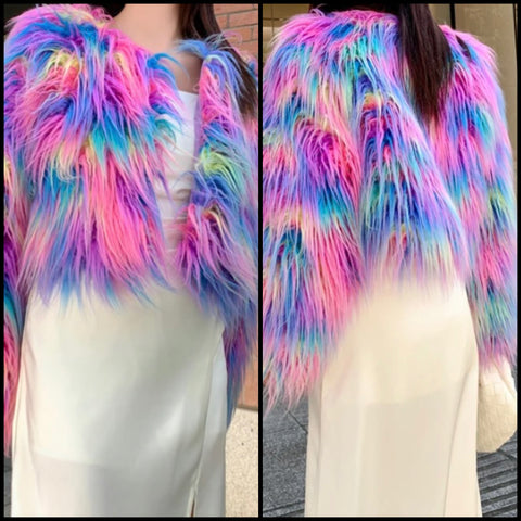 Women Fashion Colorful Faux Fur Crop Jacket
