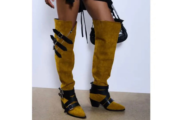 Women Fashion Suede Buckled Zipper Over The Knee Boots