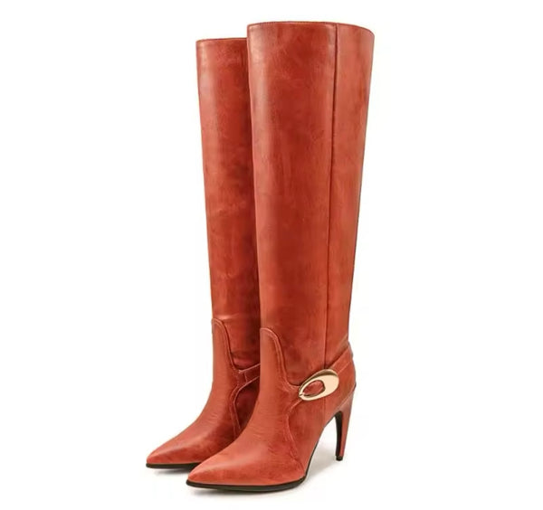 Women Buckled Faux Leather Fashion High Heel Knee High Boots