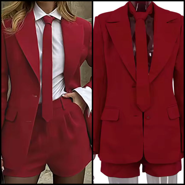 Women Red Fashion Tie Blazer Two Piece Short Set